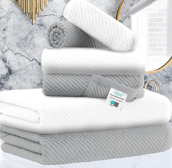 VOOVA & MOVAS Bathroom Towel Set - 100% Cotton | Soft | Quick Dry, Towel Set of 6, 2 Large Bath Towels 30"x56", 2 Hand Towels 18"x28", 2 Washcloths 13"x13", Bathroom Essentials, Grey and White
