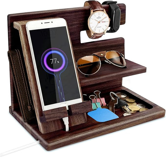 Gifts for Men Bedside Organiser Wood Phone Docking Station Dad Birthday Gifts for Him Nightstand Key Wallet Watch Stand Mens Gifts for Xmas Presents for Dad Husband Boyfriend Anniversary & Christmas