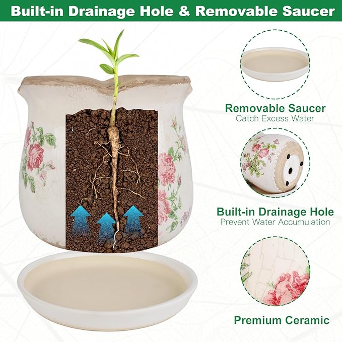 Ceramic-Planters-for-Indoor-Plants with Saucer, 6 inch Vintage Ice Crack Glaze Plant Pots with Drainage Holes, Decorative Flower Pots for Outdoor Garden Home Decor, Tuscan Pot for Plant