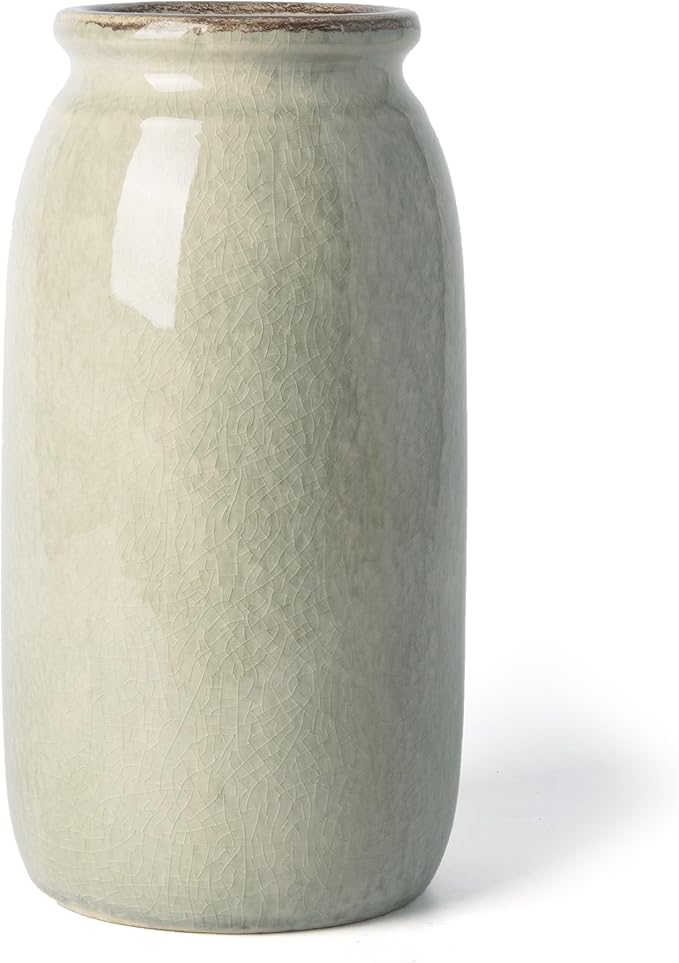 VICTOR & TERESA Rustic Large Green Vase for Home Decor, 10'' Tall Ceramic Vases for Flowers, Farmhouse Decorative Vases for Pampas Grass, Table, Mantel, Living Room, Centerpieces
