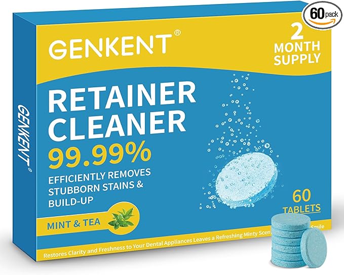 GENKENT Retainer Cleaner Tablets for Invisalign, Mouth Guard, Night Guard and More Dental Appliances, 60 Denture Cleaning Tablets