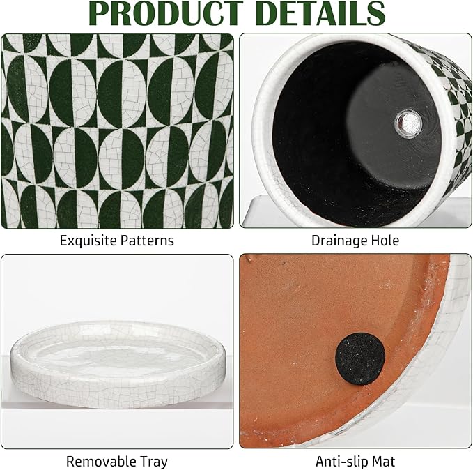 5.5 Inch Ceramic Plant Pot, Ice Crack Plant Pots with Drainage Hole and Saucer, Vintage Flowers Pot for Plants Indoor Outdoor Home Patio Office Decor (Green)