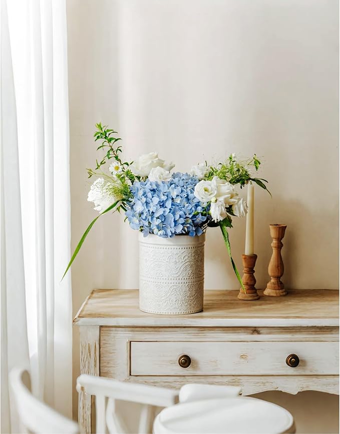 Kitchen Utensil Holder, 7 Inches Large Ceramic Utensil Holder for Countertop, Lace Emboss Cooking Utensil Crocks for Kitchen, Home Decor, Off-White