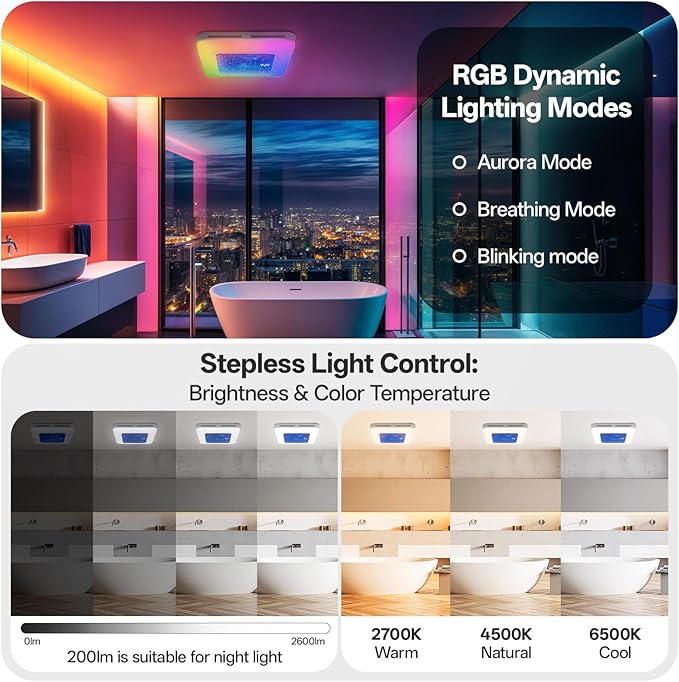 Bathroom Exhaust Fan with Humidity Sensor, Bathroom Fan with Light Odor & Humidity Sensor, 230 CFM 1.0 Sone Venlitation Fan with 3CCT LED Light 7 LED Color, Remote Control Easy Install