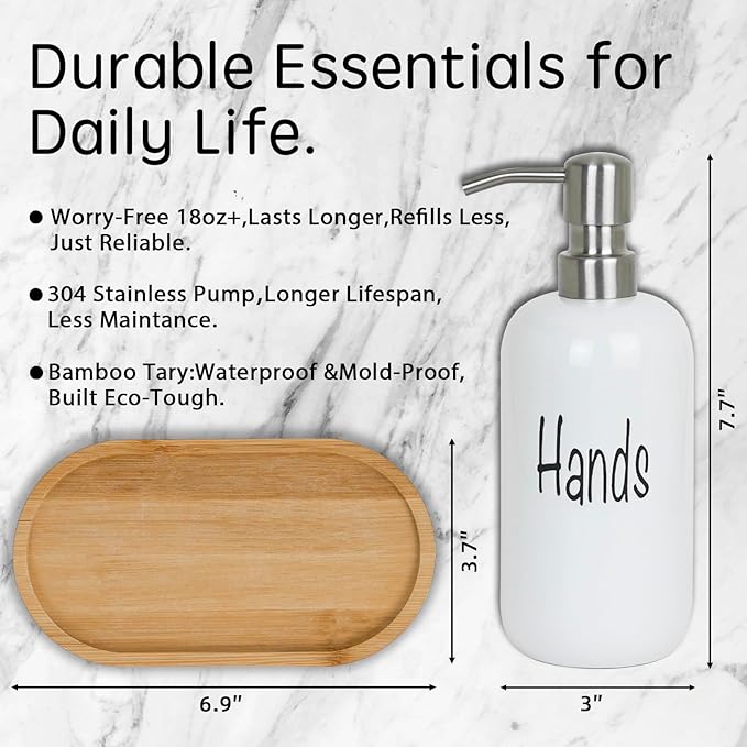 18oz Ceramic Soap Dispenser Set (2 Pack) with Stainless Steel Pump & Bamboo Tray, Bathroom & Kitchen