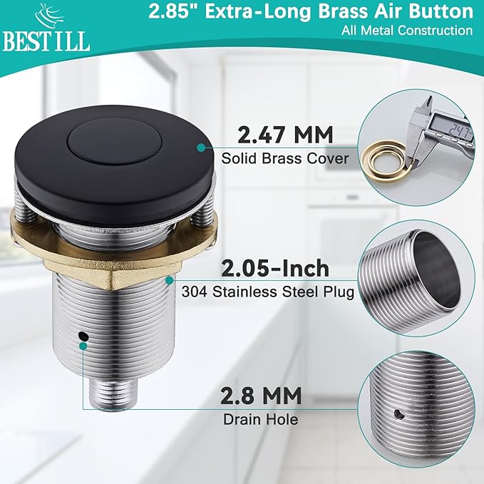 BESTILL Garbage Disposal Air Switch Kit - UL Listed, Brass 2.95" Short Sink Top On/Off Switch Button for Food Waste Disposer, Matte Black, Compatible with all Garbage Disposals