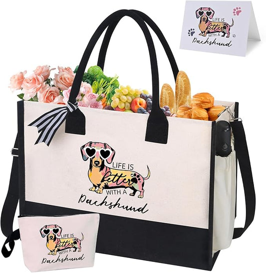 Dachshund Gifts for Women, Weiner Dog Canvas Tote Bag with Zipper for Dachshund Lovers Travel, Shopping, Beach – Perfect Weenie Dog Gifts for Mother's Day, Christmas, Birthday