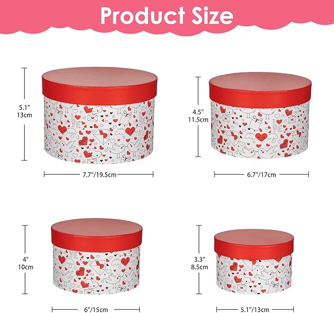 Luxury Round Nested Gift Boxes with Lids (Set of 4) – Reusable Sturdy Cardboard Gift Box Set for Birthdays, Weddings, Anniversaries, Christmas, and Valentine’s Day – Red & White