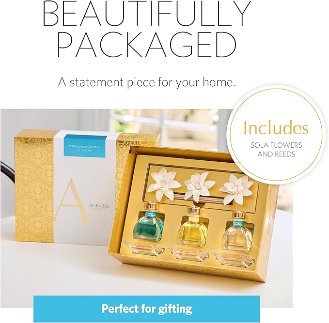 AGRARIA at The Beach PetiteEssence Collection, Handmade Sola Flower Reed Diffuser Set of 3, Luxury Home Fragrance Scented Oil Diffuser Gift Set
