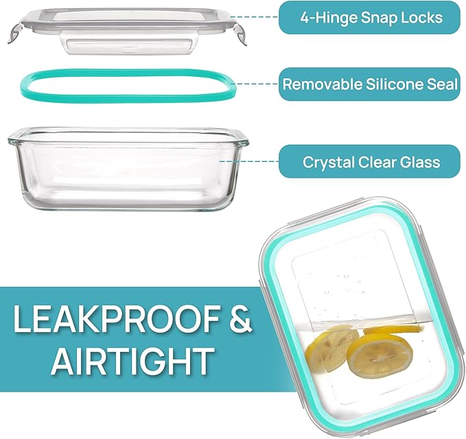 Vtopmart 5 Pack 35oz Glass Food Storage Containers with Lids, Meal Prep Containers, Airtight Reusable Lunch Container Set, Safe for Oven, Microwave, Freezer, and Dishwasher, Green