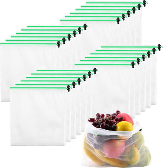 24 Pack Reusable Produce Bags,Mesh Produce Bags With Drawstring,See-Through Vegetables Fruits Bag,Washable Mesh Bags for Storage Fruit Vegetable Toys