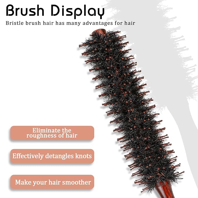 Boar Bristle Hair Brush for Women and Men, Small Round Hiarbrush Blow Drying Brush Soft Bristle Styling Hair Brush with Natural Wood Handle for Straightening Curling Volumizing and Detangling