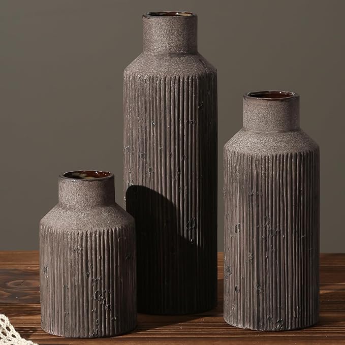 Farmhouse Vase for Home Decor, Ceramic vase Set of 3. Vintage Flower Vase Suitable for Home Decor, Living Room, Shelf Decor, Dining Table Decor.