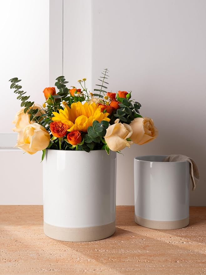 famiware Milkyway Kitchen Utensil Holder for Countertop, 7.2"+5.8" Ceramic Cooking Utensil Crocks for Counter, Utensil Organizer for Spatula & Spoon, Kitchen Decor, Set of 2, White