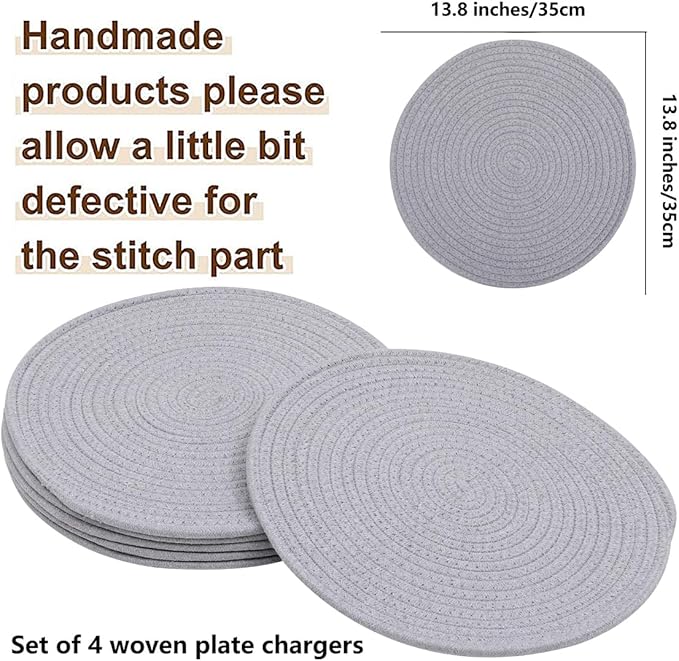 4 Pack Woven Placemats, 13.8 inches Round Plate Chargers Grey Thick Placemat Set Cotton Rope Braided Tablemats Rattan Mats Rustic Weave Placemats for Table Decoration
