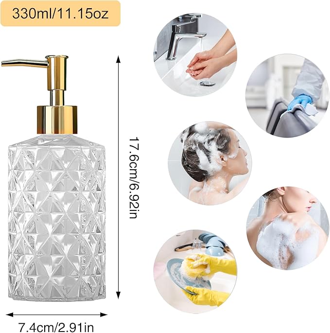 Clear Glass Soap Dispenser with Gold Plastic Pump, 2 Pack 12oz Diamond Hand Soap Dispenser, Refillable Lotion Dispenser & Dish Bathroom Dispenser for Liquid, Shower Gel