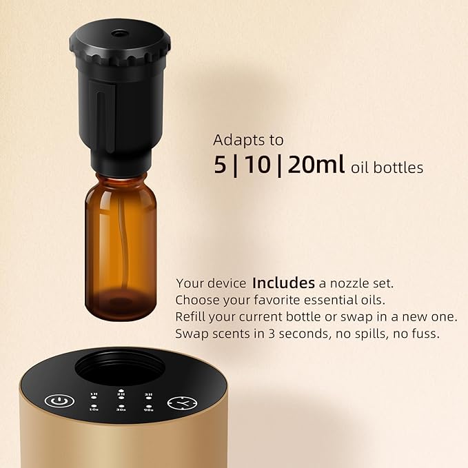 Waterless Essential Oil Diffuser for Home Battery Operated Cordless Scent Diffuser with Timing & 3 Mist Levels car Diffuser， Aluminum Alloy