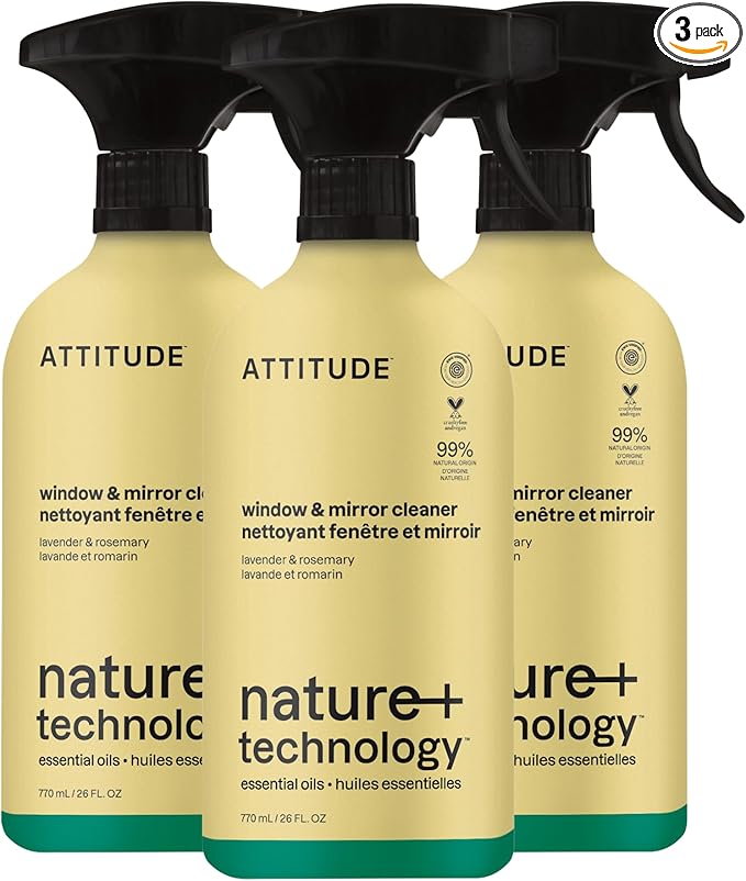 ATTITUDE Window & Mirror Cleaner Spray, Plant-Based Ingredients, EWG Verified, Streak Free, Removes Fingerprints, Dust and Dirt, Lavender & Rosemary, 26 Fl Oz (Pack of 3)