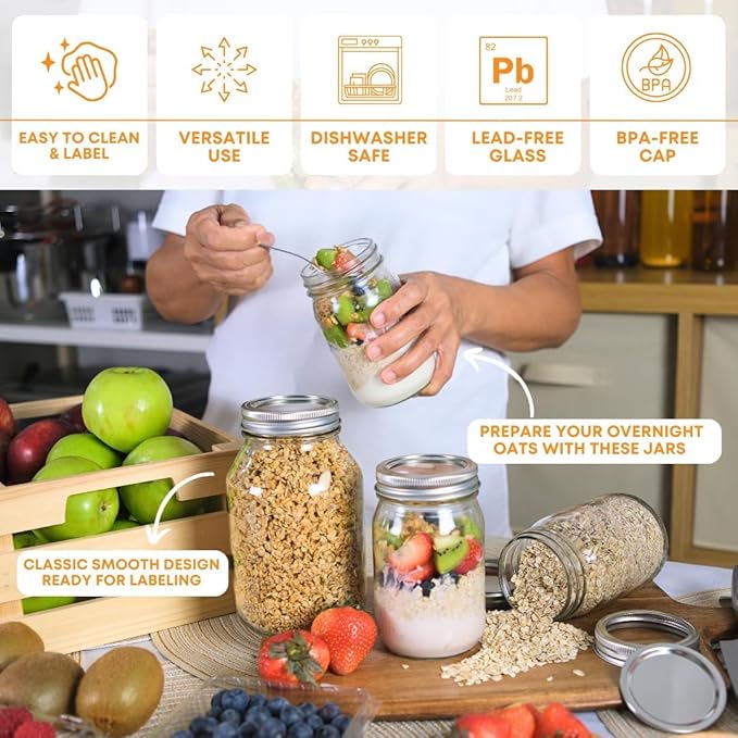 FastRack 16 oz Regular Mason Jars (Pack of 12) with 12 Lids & 1 Black Mason Jar Gripper | Glass Jars with Airtight Lids | Large Mouth Glass Jar for Food Storage, Canning, Fermentation, Pickling