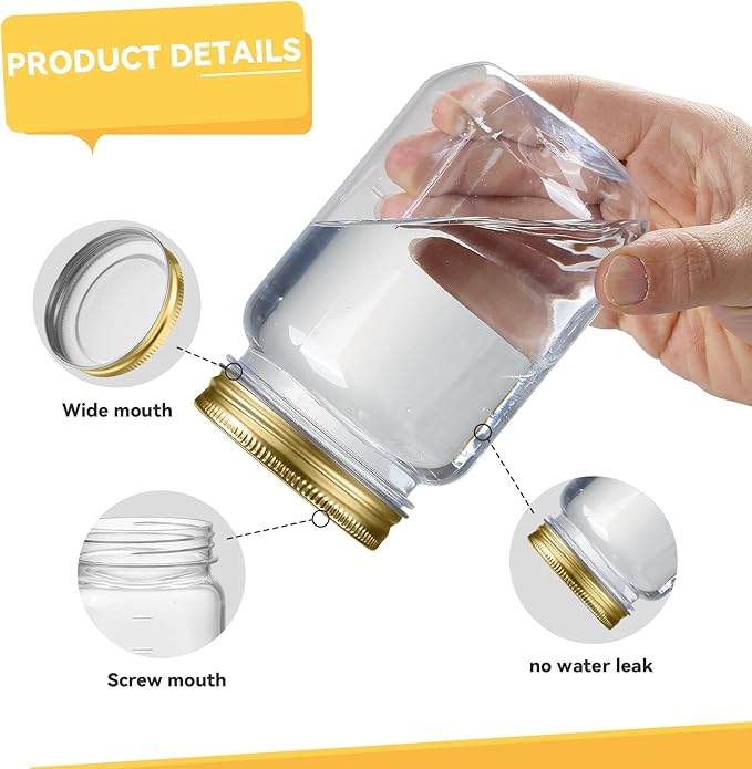 novelinks 16 oz Clear Plastic Jars with Screw-On Lids - BPA-Free Refillable Storage Containers for Slime, Food, Crafts, Kitchen & Household Use (24 Pack,Gold)