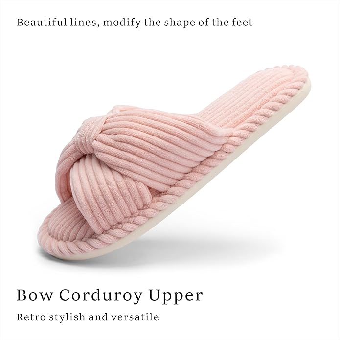 Chantomoo Slippers for Women Memory Foam House Womens Slipper Slides Home Bedroom Bathroom Spa Open Toe Corduroy Bow Slippers Cozy Comfortable