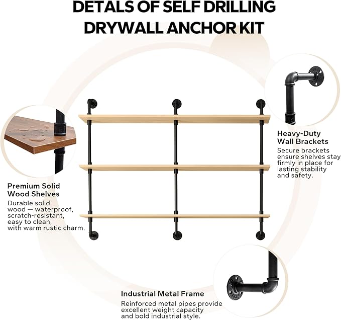 3-Tier Industrial Pipe Floating Shelf – Rustic 60 inch Wood Wall-Mounted Storage Shelf for Kitchen Office,Bathroom & Home Decor -White Oak