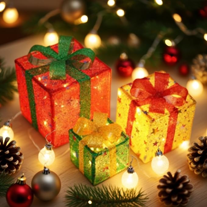 Christmas Lighted Gifting Boxes 3PCS/Set LED Warm White Christmas Decorations Colorful Box Battery Operated for Holiday, Indoor, Yard, Home, Lawn Decor, Decor