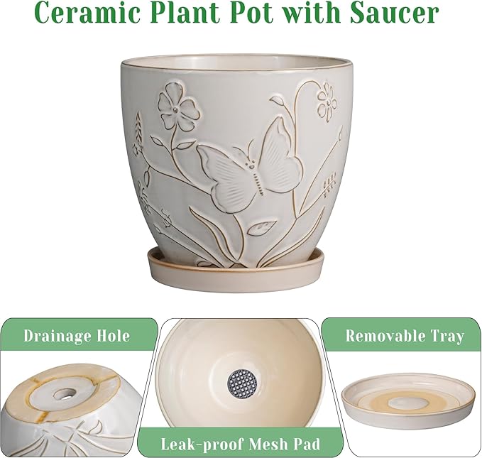 10 Inch Plant Pot Ceramic Planter Pot with Drainage Hole and Saucer Round Planter Large Flower Pot for Indoor Outdoor Plants Home Garden Decor White