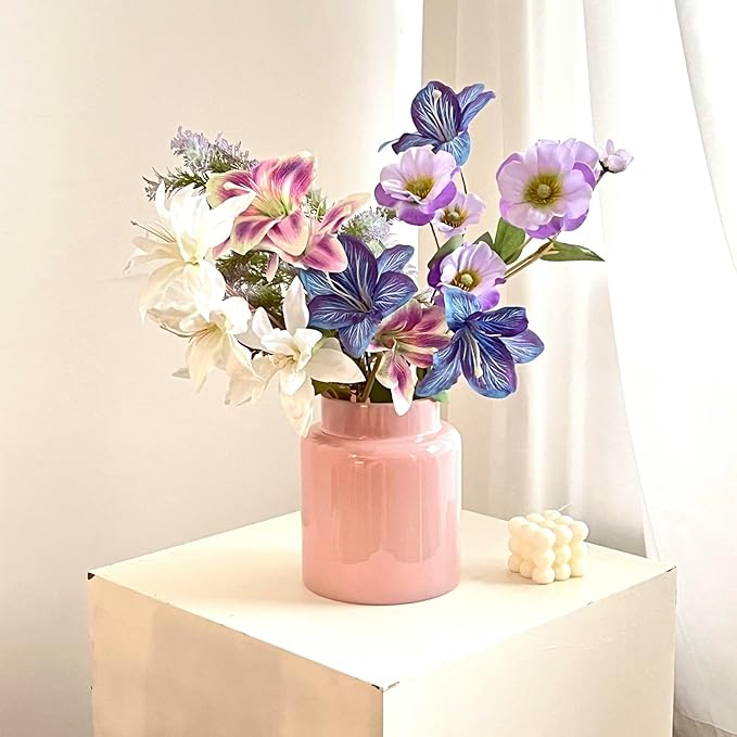 BLOFLO Pink Glass Vase, 7 Inch Large Glass Vase for Flowers, Modern Thick Glass Flower Vases for Centerpieces, Decorative Glass Cylinder Hydroponic Vase for Wedding, Home, Office (Pink, 7Inch)