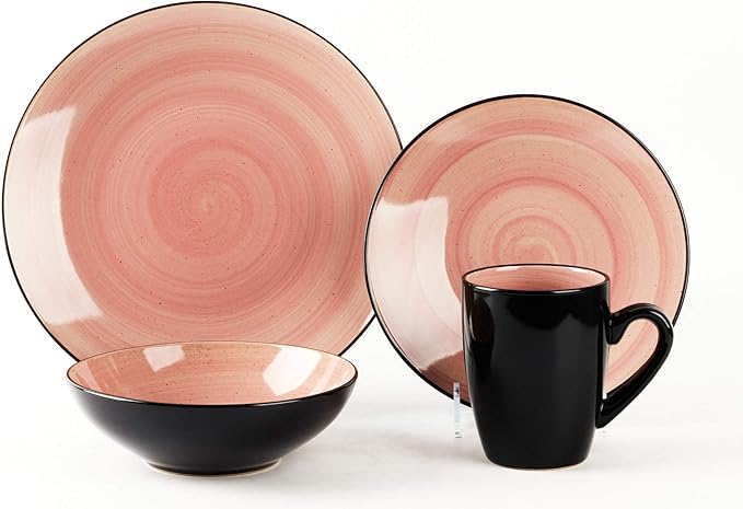 Sonoma 16pc Stoneware Dinnerware Set, Outside Black + Inside Hand Painting Combi Colors of Cobalt, Mocha, Rose and Spice with Speckle