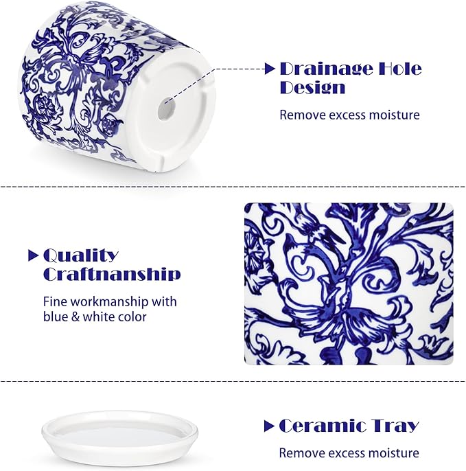 Blue and White Ceramic Planters Pots, Ceramic Flower Pots with Drainage Hole & Saucer, Indoor/Outdoor Ceramics Plant Pot for Succulents, Cactus, Flowers, Garden Home Tabletop Decor, 5+4 Inch Set of 2