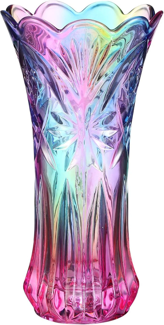 Multicolor Clear Glass Vases Wide Mouth Gradient Flower Vase for Bookshelf Dinner Table Indoor Office Desktop Meeting Room Bathroom Countertop 9.43x4.91x4.91 Inch