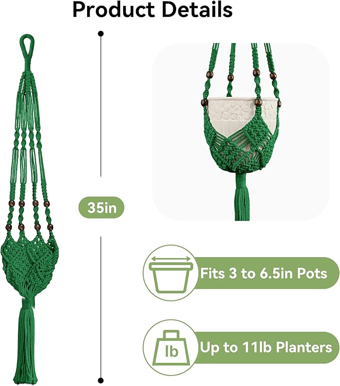 USLAI Macrame Plant Hanger for Indoor Outdoor, Up to 3-6.5 inch Pot, Hanging Planter Flower Pot Holder with Beads and Tassels, Boho Home Decor, 2-Pack, Green