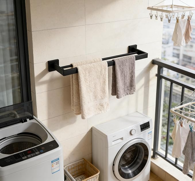 SUYA 24 Inch Double Towel Bar for Bathroom Wall, SUS304 Stainless Steel Towel Rack for Bathroom & Kitchen,Modern Bathroom Towel Hanger for Home Decor,2-Tier Wall Mounted Towel Rod in Matte Black