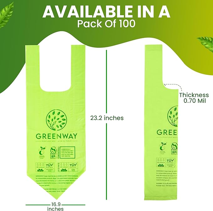 GREENWAY 3 Gallon Compostable Bags with Handles, 100 Count, 0.70 Mil, Food scrap bags, US BPI & Europe OK Compost Home Certified