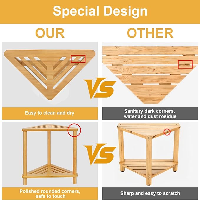 Bamboo Corner Shower Stool for Inside Shower Shaving Legs, Waterproof Bathroom Bench Seat with Storage Shelf for Small Spaces, Foot Rest, Bath Seat