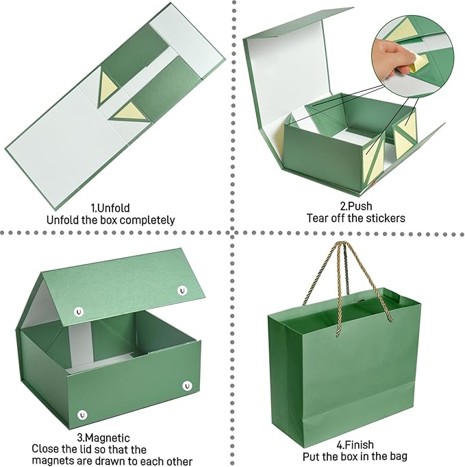 Elegant Gift Boxes with Gift Bag for Presents with Lids Magnetic Closure Rectangle Collapsible for Christmas, Valentine's Day，Birthday Gift Packging (Green)