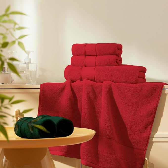 Marvione Bath Towels Set 6 Piece, 100% Turkish Cotton Highly Absorbent and Soft Towels for Bathroom 2 Bath Towels 2 Hand Towels 2 Washcloths, Red