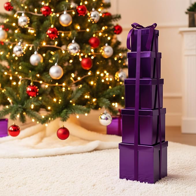 Cholemy 5 Pcs Square Nesting Boxes Decorative Gift Boxes with Lid and Ribbon Assorted Sizes Wrap for Wedding, Thanksgiving, Christmas, Anniversary, Birthday, Bridal Party(Purple)