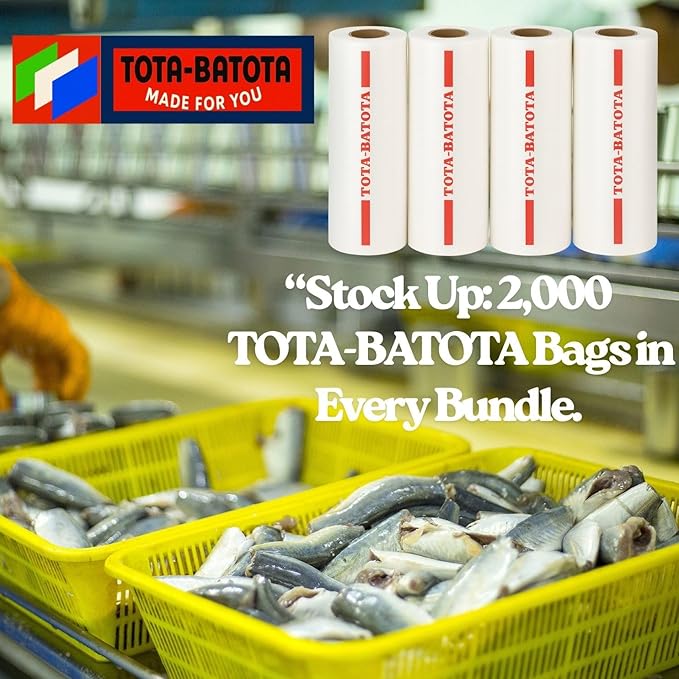 Plastic Produce Bags on Rolls – 2000 Count (4 Rolls), 10x15 in, Clear Food Storage Bags with Easy Tear Red Line, for Fruits, Vegetables, Meat, Freezer, Grocery & Commercial Use, TOTA-BATOTA