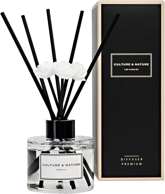 CULTURE & NATURE Reed Diffuser Set 4oz (120ml) Vanilla Scented Diffuser with Sticks Home Fragrance Reed Diffuser for Bathroom Shelf Decor