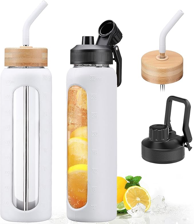 32oz Glass Water Bottle with Straw and 2 Lids- Bamboo and Spout Lid,Motivational Sports Water Bottle with Silicone Sleeve and Time Marker,Reusable for Gym, Outdoors, White