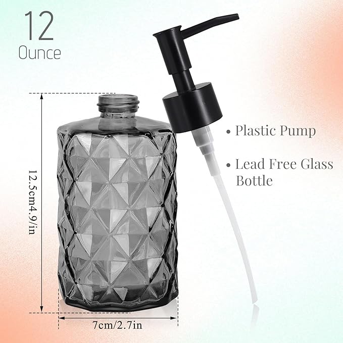 11oz Glass Soap Dispenser with Plastic Pump, Clear Black Bathroom Soap Dispenser for Hand Wash & Dish Wash, Elegant Dispenser for Dishwashing Liquid, Lotion, Shower Gel, Essential Oil