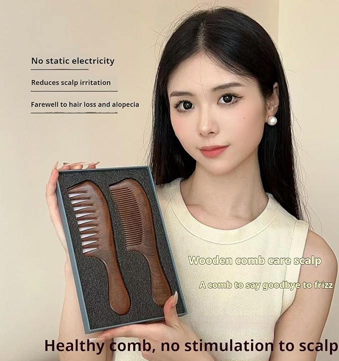 Letyvba Walnut Hair Comb, Wooden Comb for Women, Premium Antistatic Walnut 2-Piece Comb Set - Wide and Fine Tooth. For Women and Men with Curly, Wet, Long, Dry, or Thin Hair