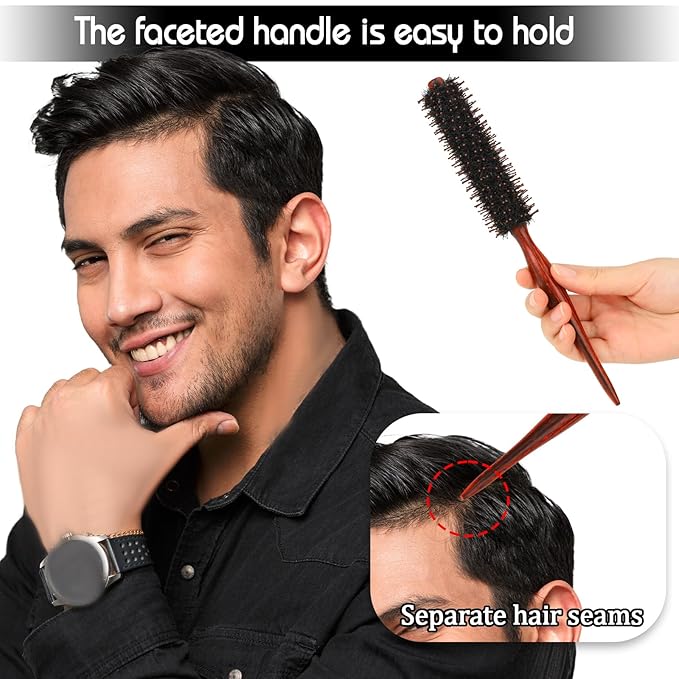 Mozeat Lens Hair Brush, Small Round Boar Bristle Styling Brush with Nylon Pins and Wooden Handle, Volumizing Hair Brush for Straightening Curling Detangling, Travel Size