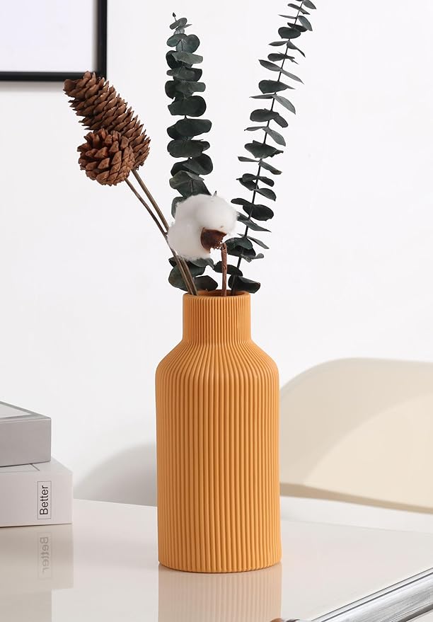 Ceramic Vase for Decor,Minimalist Modern Farmhouse Decorative,Small Flower Vase for Pampas Grass,Table,Shelf Bookshelf Decor,Mantel,Entryway Decoration and Centerpieces(8 inch,Orange)