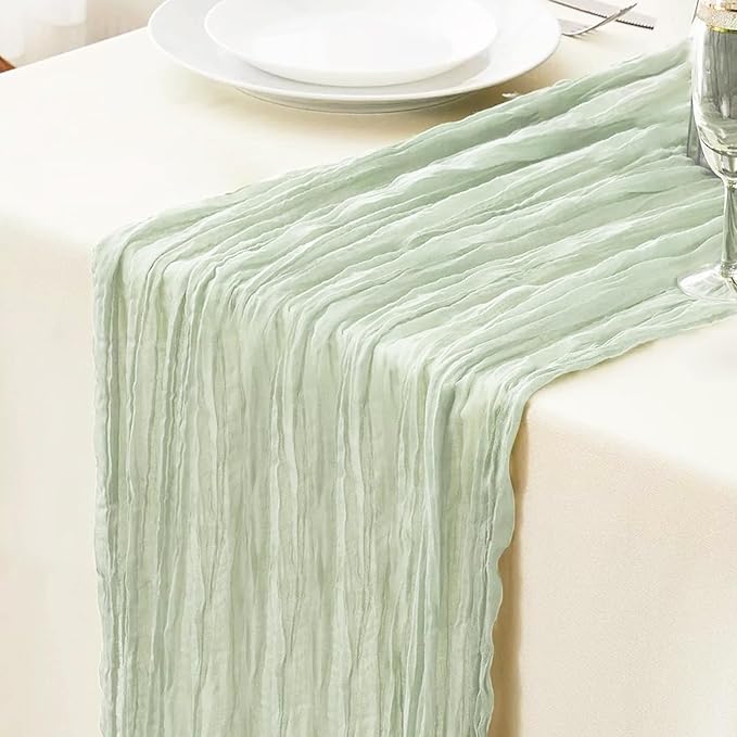 Le courant 10Ft Cheesecloth Table Runner, Rustic Boho Gauze Cheese Cloth Runner Table Runner for Weddings Bridal Baby Shower Birthday Holiday Parties Home Decor, Sage Green