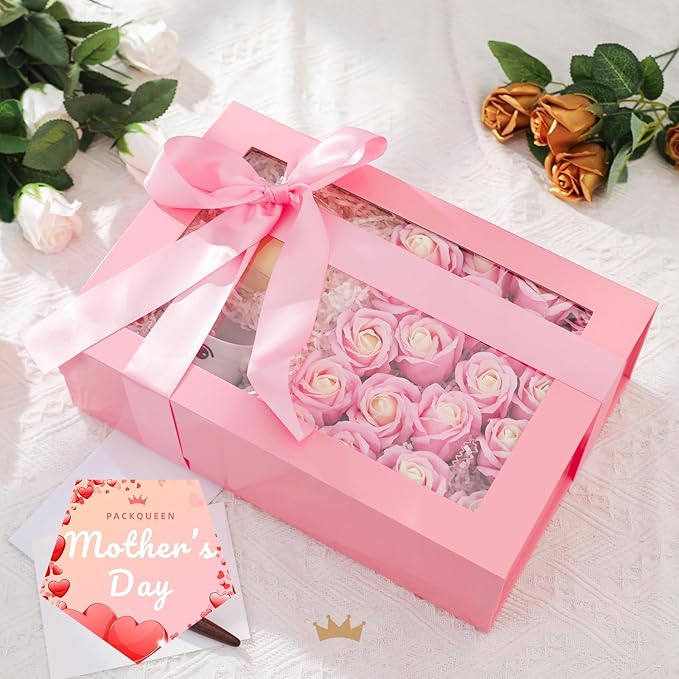 PACKQUEEN 5 Large Pink Gift Boxes with Windows, 13.5x9x4.1 Inches Easter Gift Boxes for Presents Contain Ribbons, Cards, Bridesmaid Proposal Boxes, Mothers Day Boxes with Magnetic Lids (Glossy Pink)