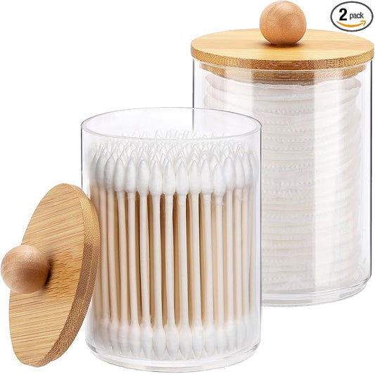 Tbestmax 10-Ounce Qtip Holder Bathroom Jars Canisters for Cotton Ball Swab Pad Storage Dispenzer, Bamboo Lid (2 Pack)