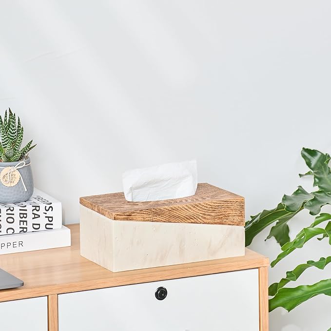 Rectangular Natural Travertine and Rustic Wood Textures Tissue Box Cover for Bathroom,Livingroom,Bedroom, Hand-Made Resin Wood Inlaid Travertine Tissue Box Holder,10 x 5.7 x 4.5 in